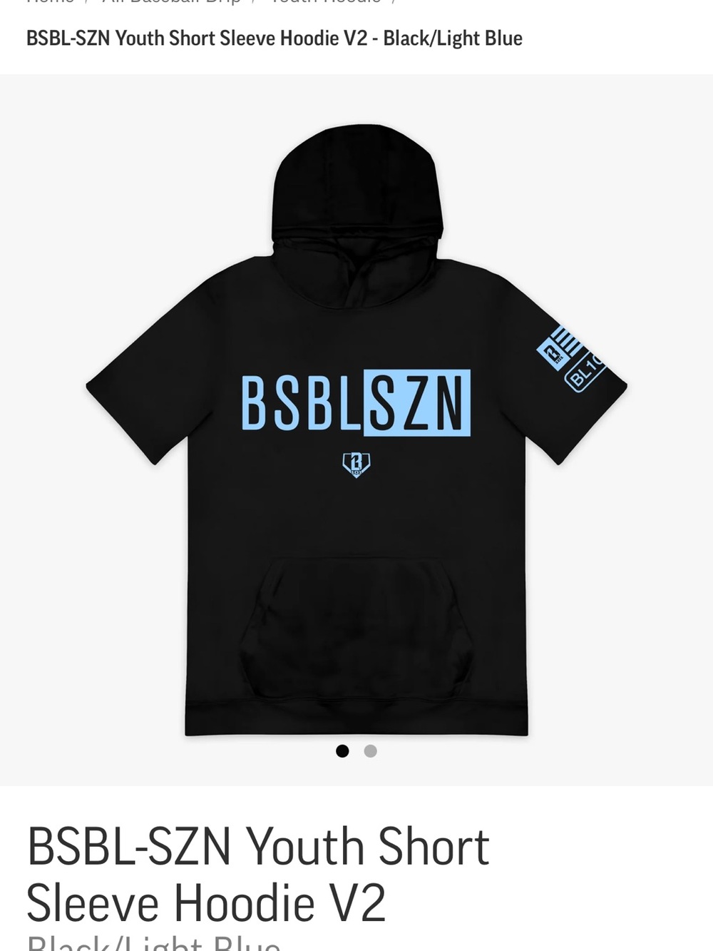 YXL ** NWT BSBL SZN Youth Short Sleeve Hoodie - Black/Light Blue